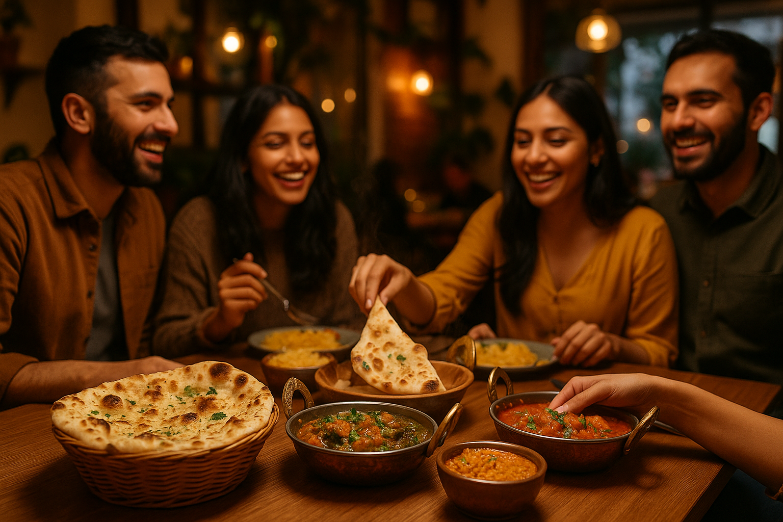 Photorealistic image of Indian Bites in Copenhagen with warm lighting, steaming dishes, fresh naan, happy guests and cosy vibes that make you hungry.
