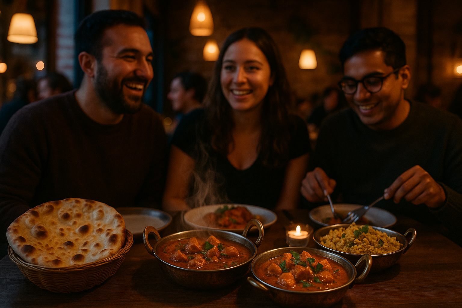 Photorealistic image of Indian Bites in Copenhagen with warm lighting, steaming dishes, fresh naan, happy guests and cosy vibes that make you hungry.