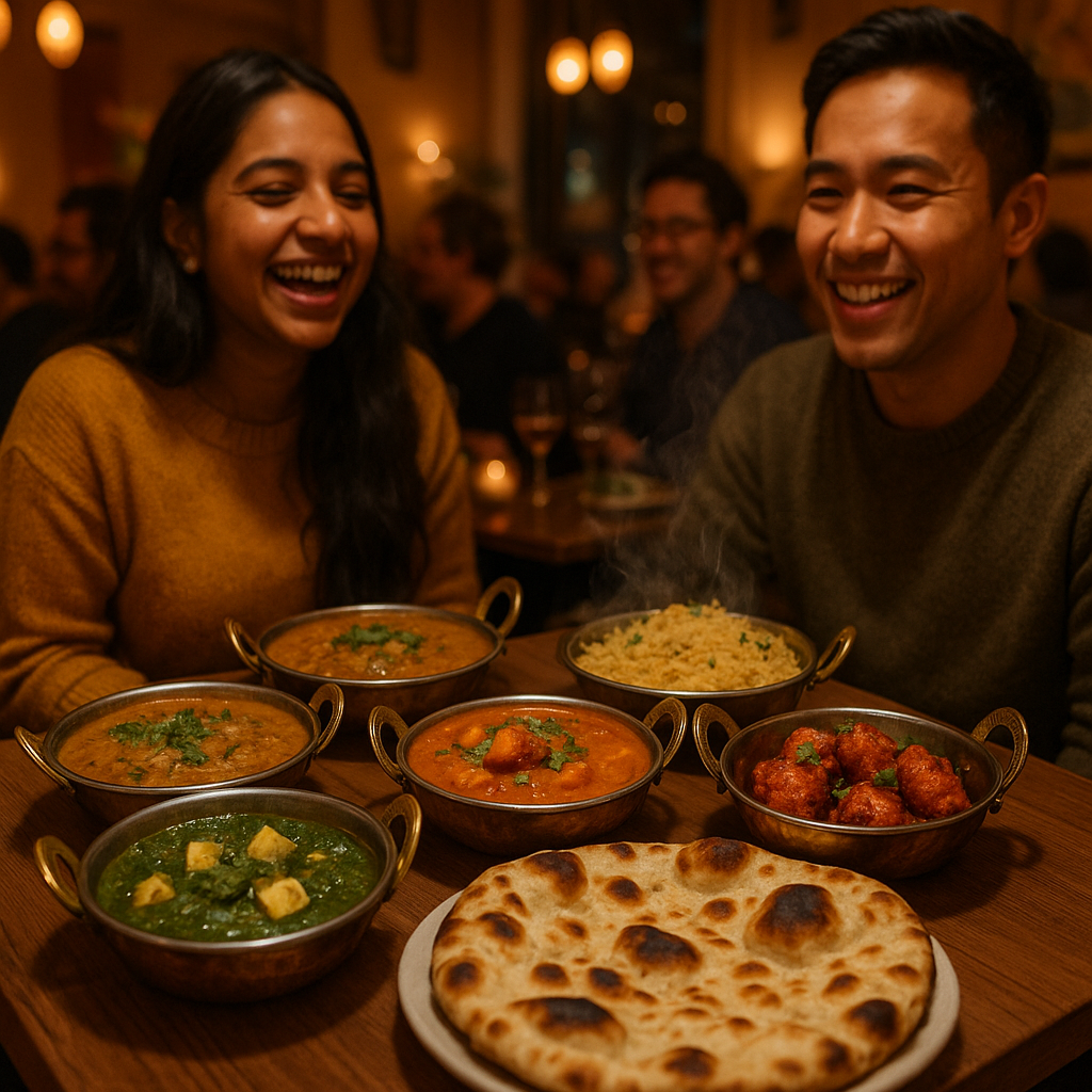 Fotorealistisk billede af indisk mad og stemning hos Indian Bites i København – varme farver, dampende retter, blød belysning, glade gæster og friskbagt naan.
