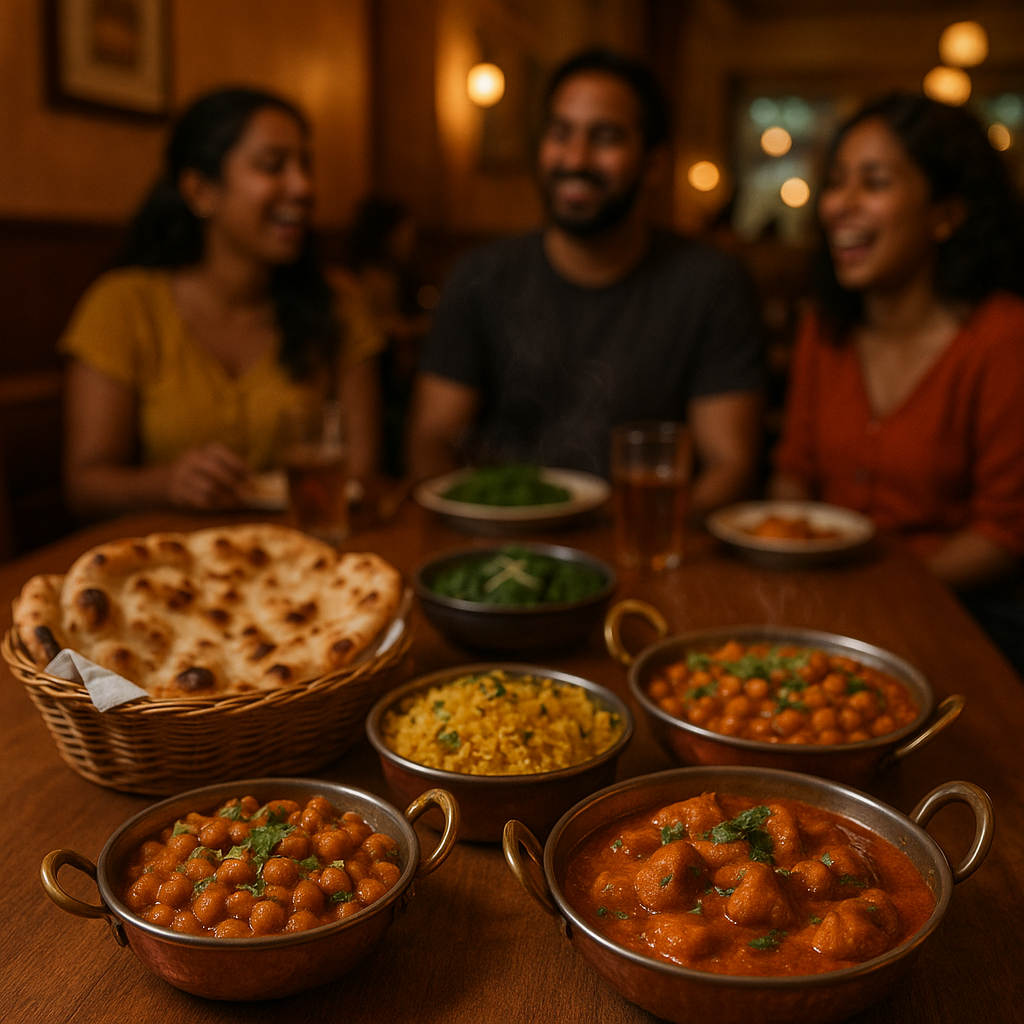 Fotorealistisk billede af indisk mad og stemning hos Indian Bites i København – varme farver, dampende retter, blød belysning, glade gæster og friskbagt naan.