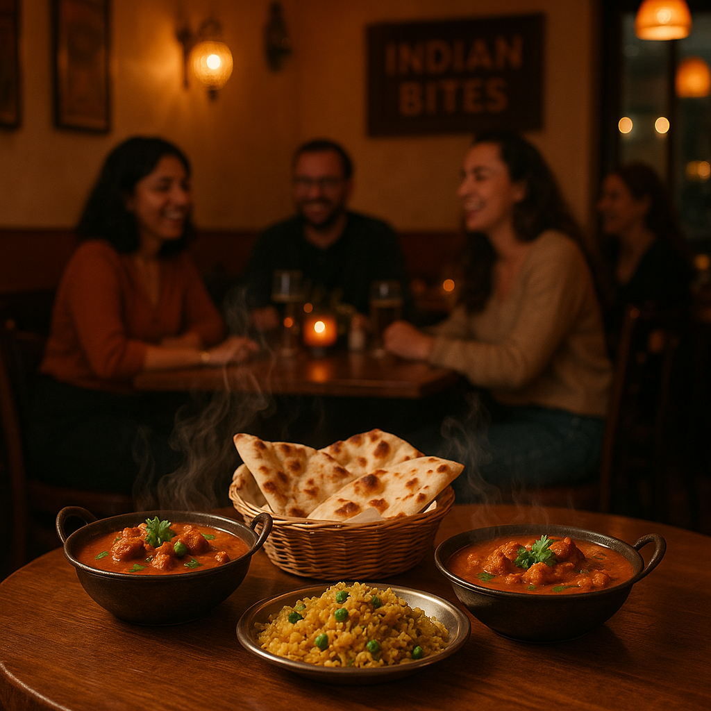 Fotorealistisk billede af indisk mad og stemning hos Indian Bites i København – varme farver, dampende retter, blød belysning, glade gæster og friskbagt naan.
