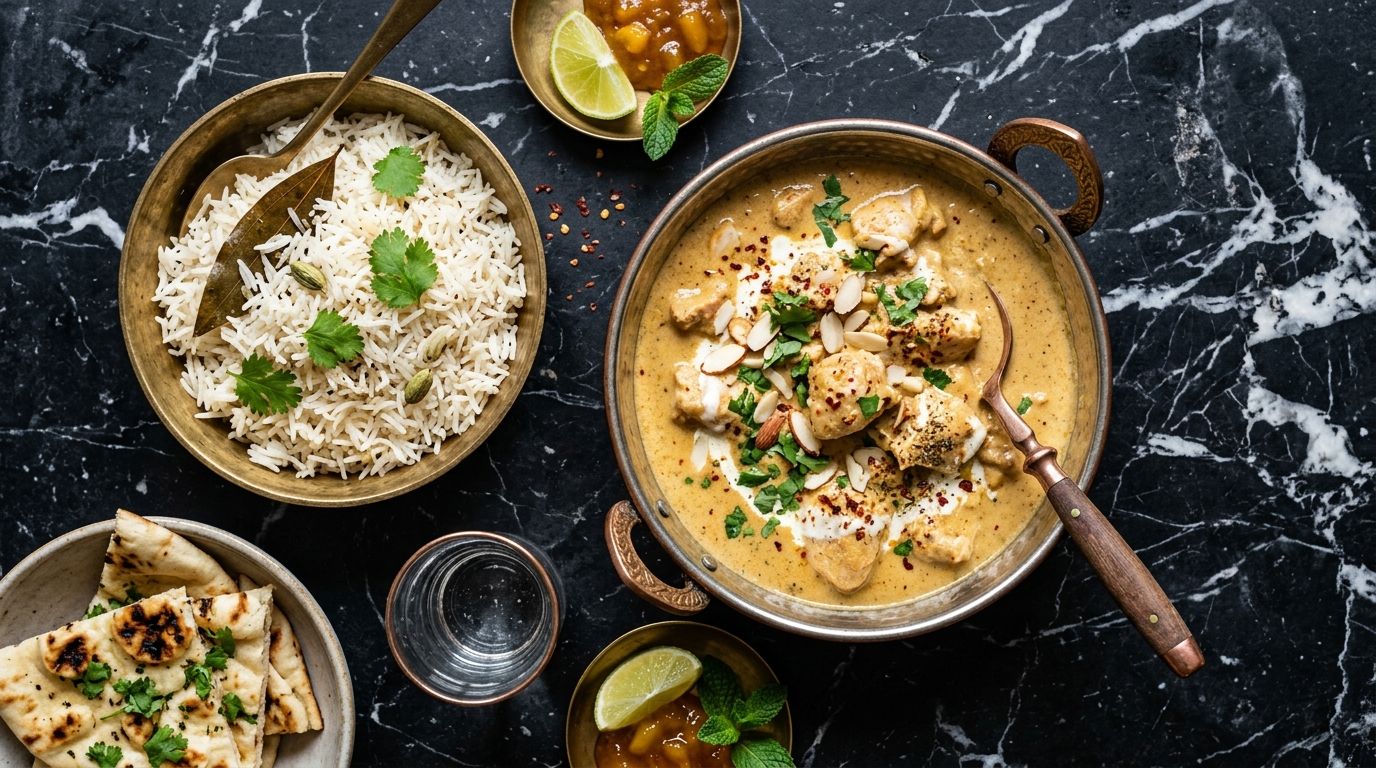 Chicken Korma – cremet kyllingecurry med ris i gyldent fad