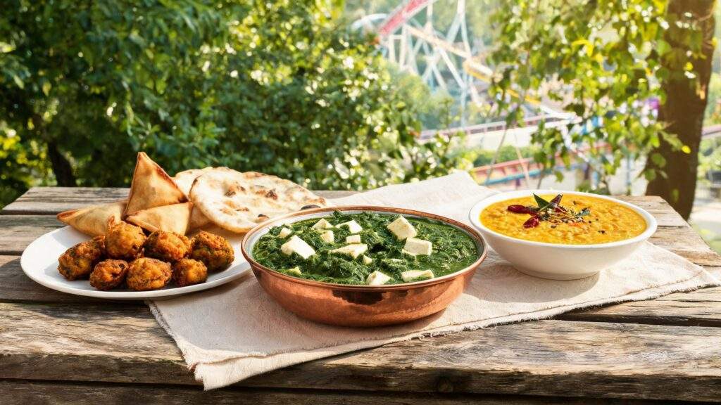 Fresh vegetarian Indian dishes including palak paneer, dal and samosas served outdoors at Indian Bites Bakken, Klampenborg