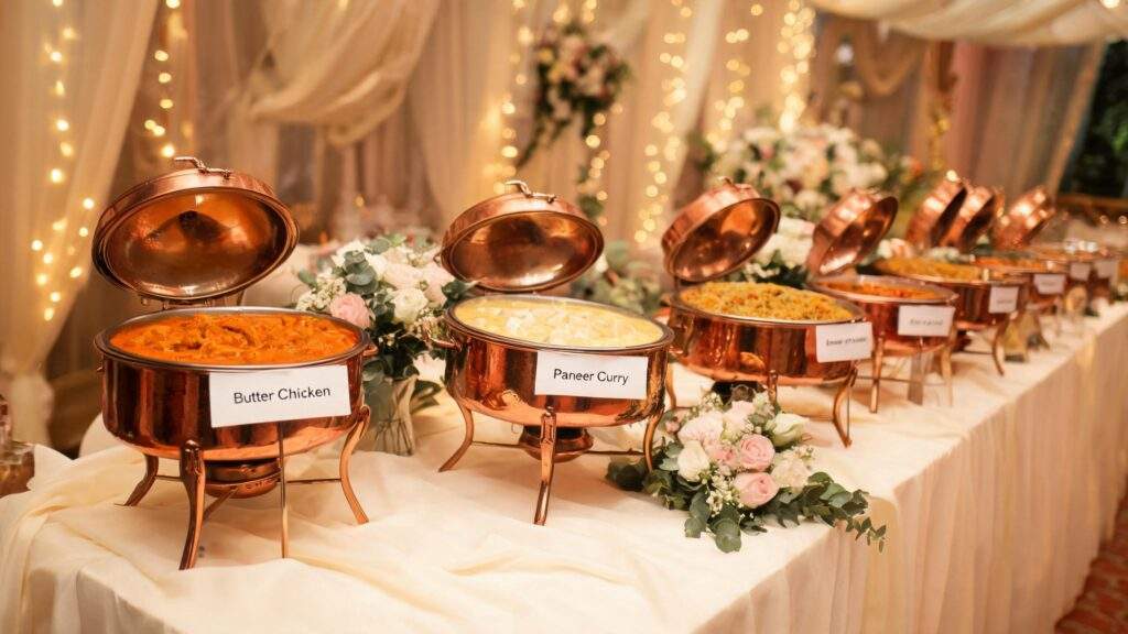 Elegant Indian wedding catering set menu in copper serving dishes at Indian Bites, Copenhagen