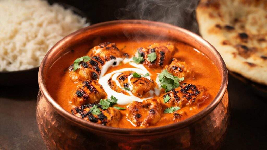 Authentic chicken tikka masala in a copper bowl at Indian Bites, Copenhagen