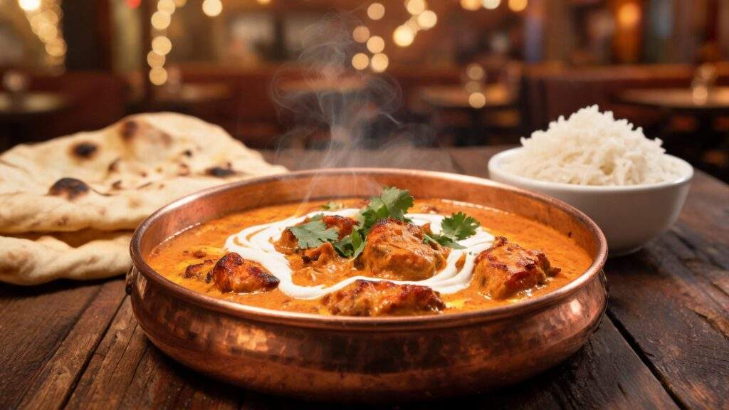 Butter chicken served in a copper bowl with naan and basmati rice at Indian Bites, Copenhagen