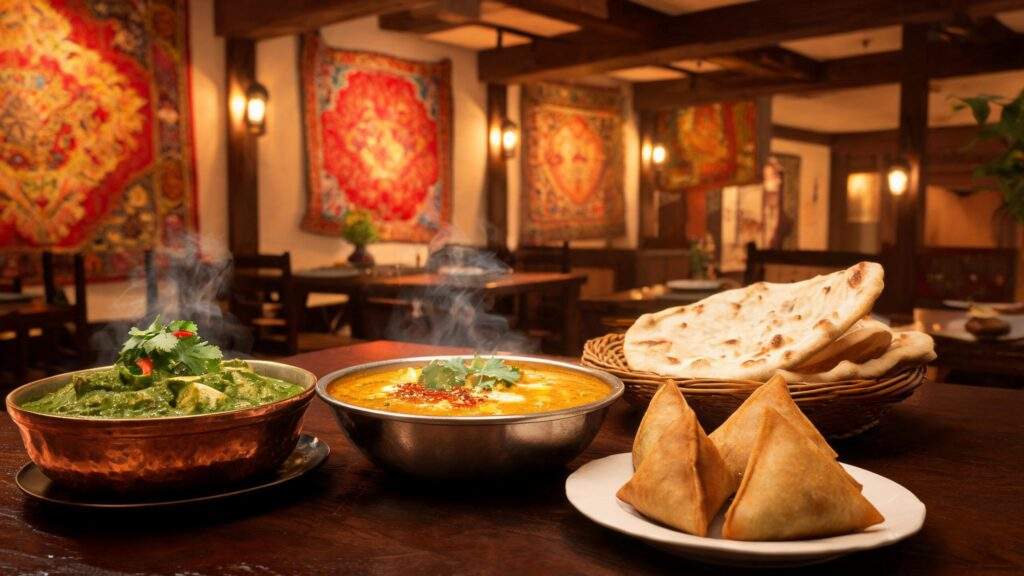 Vegetariske indiske retter som palak paneer, dal og samosa hos Indian Bites, København