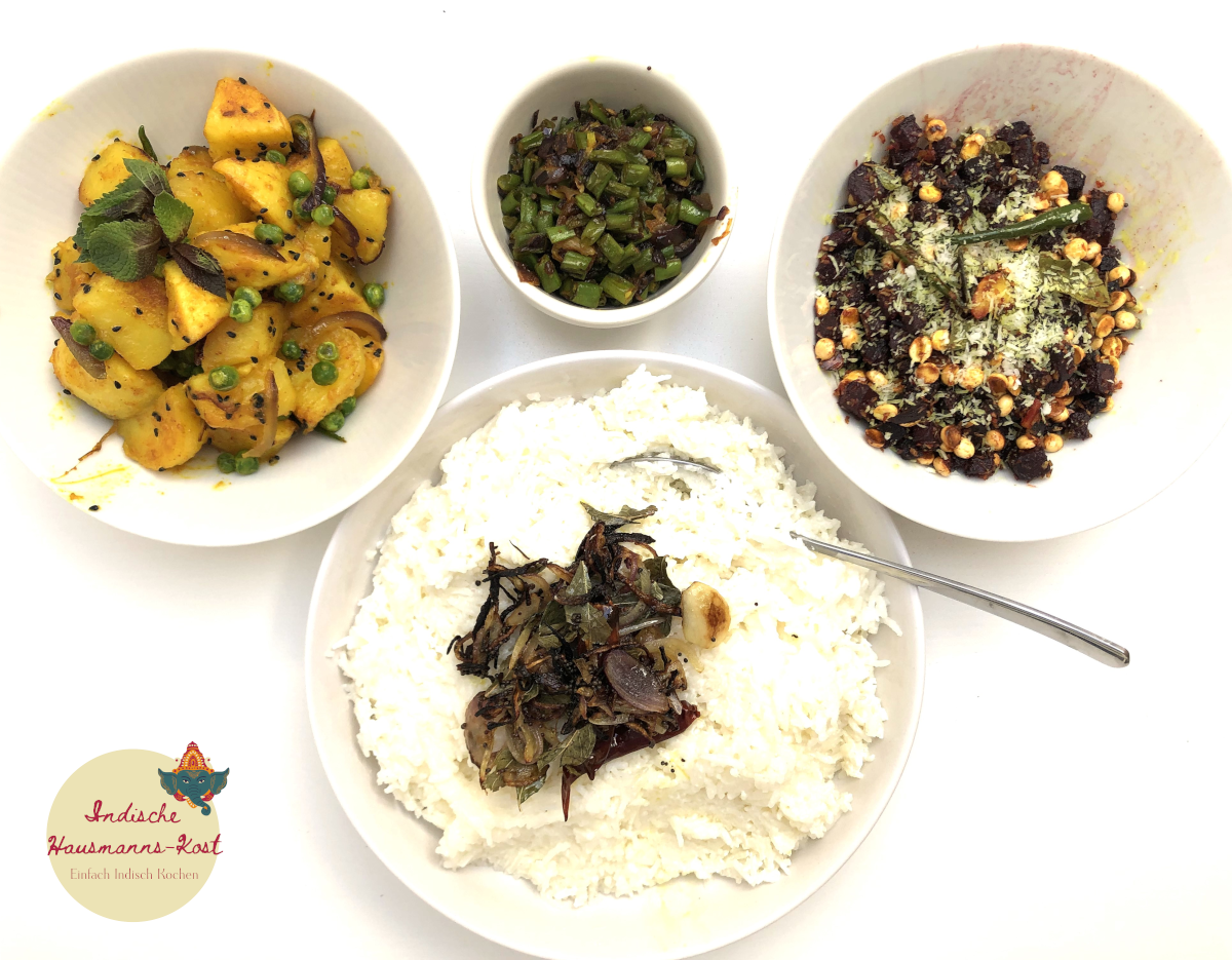 Summer lunch – Curd Rice, Potatoes & peas, Beetroot fry with split peas & coconut