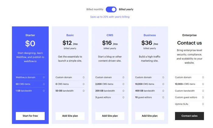 webflow pricing table