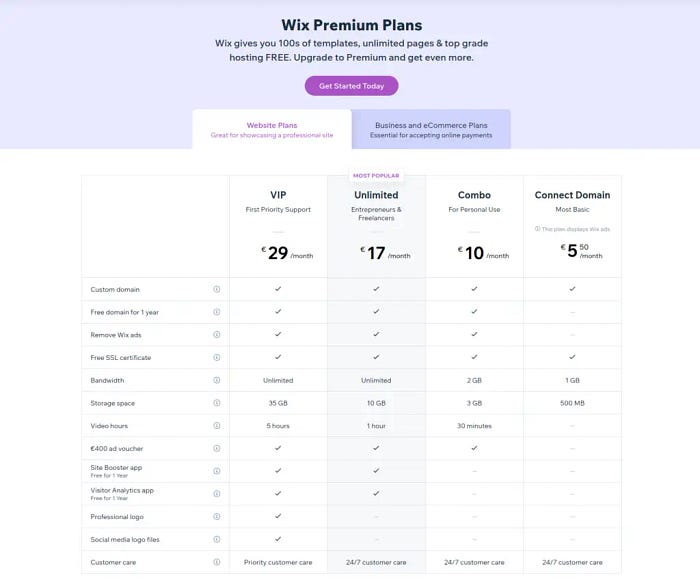 wix pricing table
