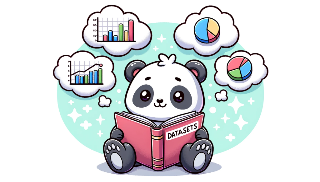 Cartoon drawing of a cute panda sitting on the floor with a big book titled 'Datasets'. The panda is flipping through the pages, and above its head are dreamy bubbles filled with graphs, pie charts, and bar diagrams.
