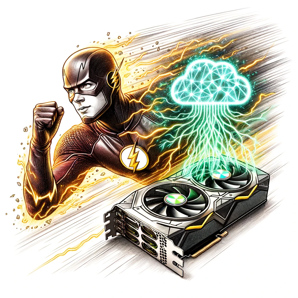 Sketch of Flash exhibiting his renowned speed, with sparks of energy around him, moving in tandem with vibrant data currents. These currents feed into a GPU with two clearly visible fans in motion. Overhead, a luminous cloud bearing a neural network icon underscores rapid training.