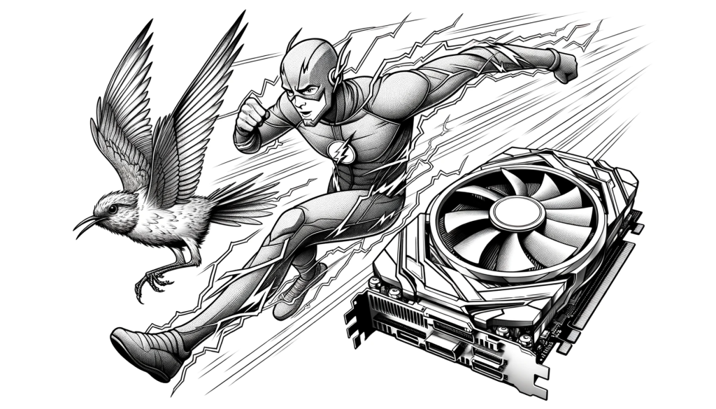 Drawing of the superhero Flash, with energy arcs around him, competing in a race. He's in the middle, with a hummingbird, its wings a blur of motion, to one side and a futuristic graphics card with hover technology to the other.