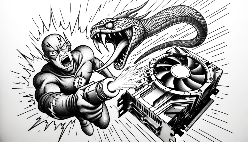 Drawing of the superhero Flash, surrounded by speed lines, as he uses a snake-themed blowtorch. The snake's fangs are visible, and a fierce flame shoots out, targeting a high-tech graphics card.