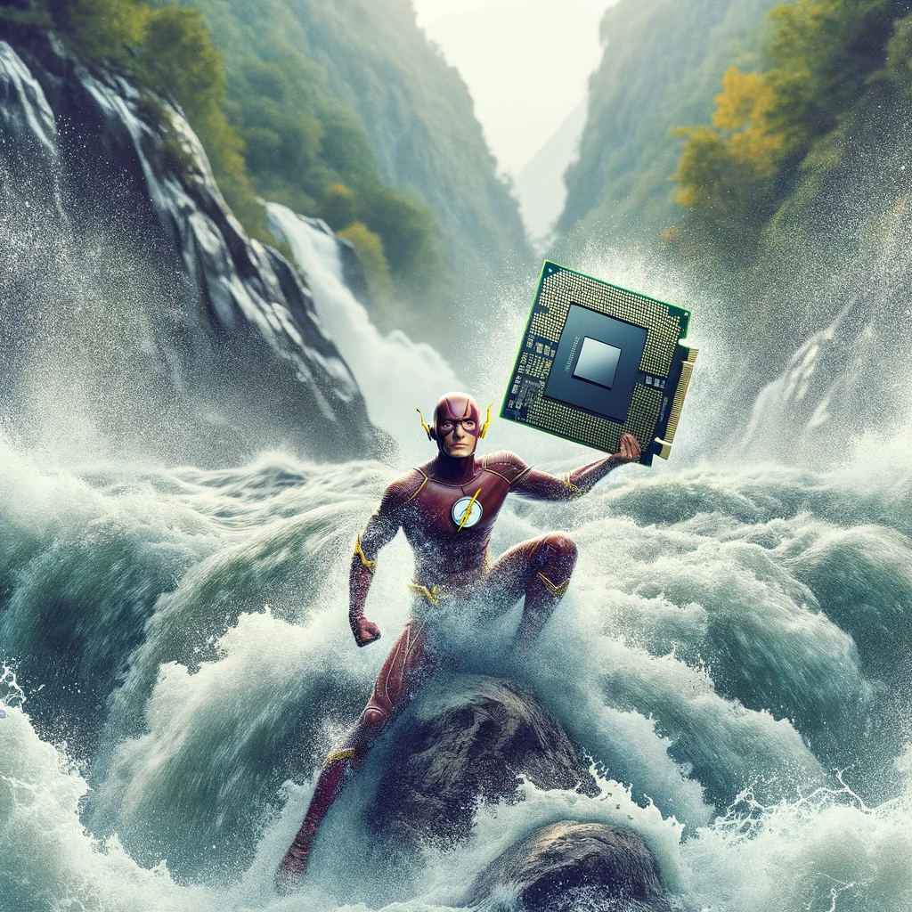 Artistic representation of Flash in a wild river setting, maneuvering through roaring rapids. The water's force is palpable, with splashes and waves around him. He confidently holds up a GPU above the water's fury.