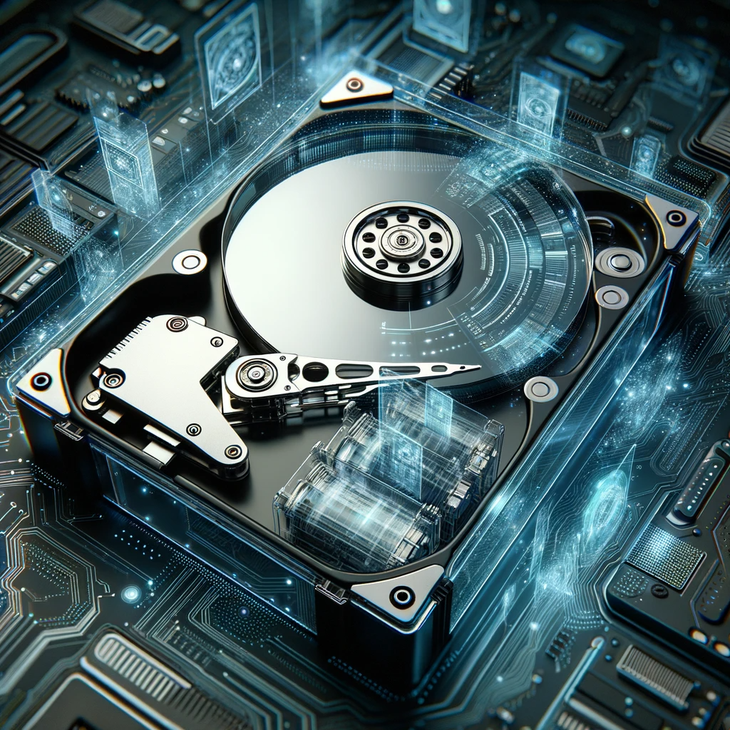Photo of a futuristic hard disk drive with a transparent casing, revealing its inner workings, accompanied by holographic data projections.