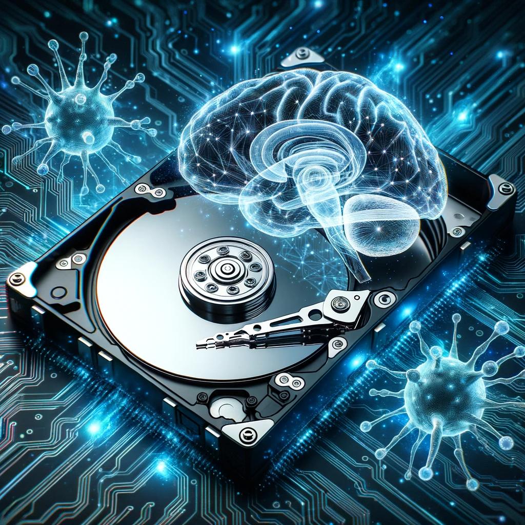Photo of a futuristic hard disk drive, pulsating with electric blue energy, with 3D graphic of a brain floating above it.