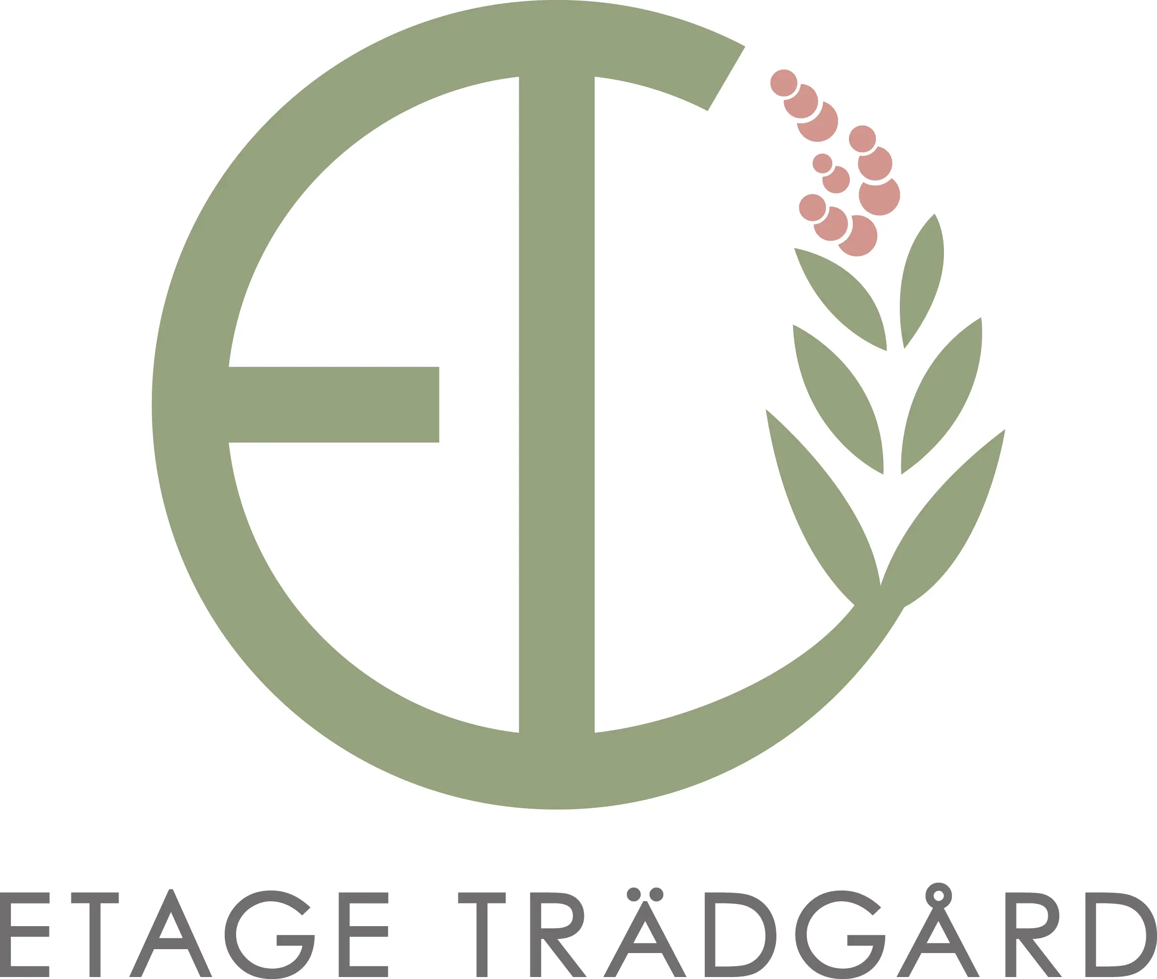 Etage Trädgårds logotyp, ett E och ett T som sedan formar en cirkel genom en stilren växt till höger. Logotypen får i ljus grönt och växen har lite ljust rosa former i toppen som möter t:et.