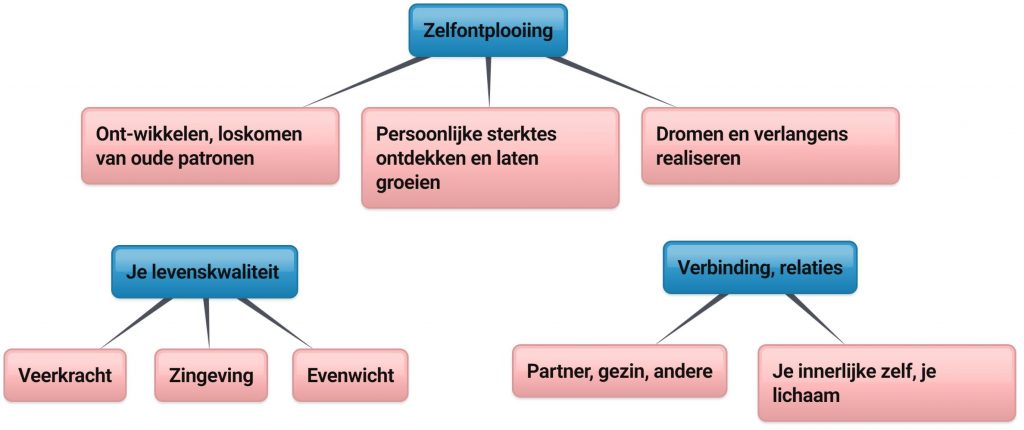 Iets voor jou? Voor wie? Wat? Zelfontplooiing : ont-wikkelen, loskomen van oude patronen, persoonlijke sterktes ontdekken en laten groeien, dromen en verlangens realiseren, levenskwaliteit : veerkracht, zingeving,evenwicht, verbinding, relaties : partner, gezin, andere, je innerlijke zelf, je lichaam