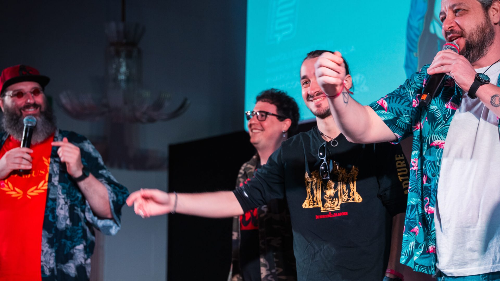 Luca, Gianandrea, Gabrio e Simone durante la presentazione di un episodio di Navigavia – InnTale live al Comicon Napoli 2025