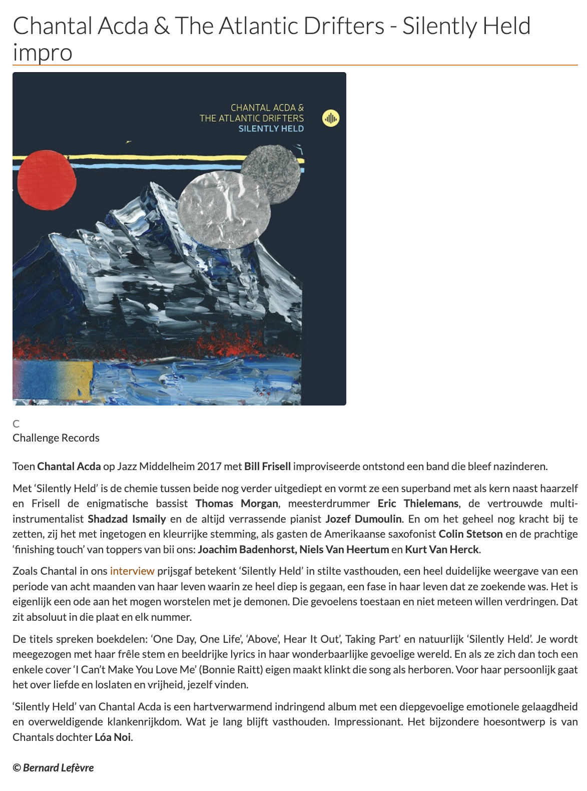 Chantal Acda & The Atlantic Drifters Silently Held album review Jazz'halo