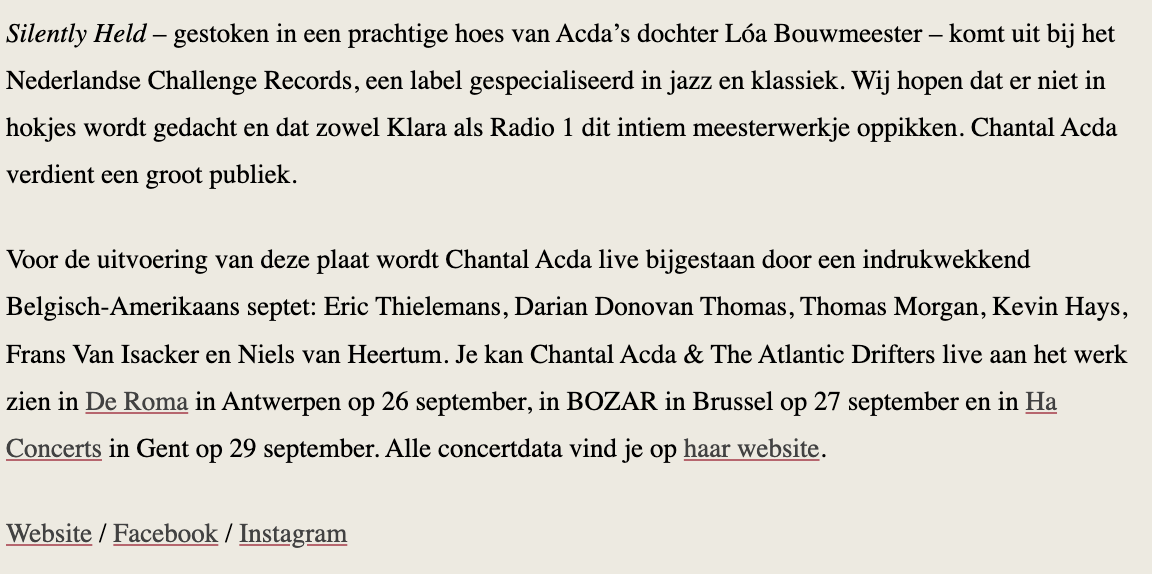 Chantal Acda & The Atlantic Drifters Silently Held album review Dansende Beren