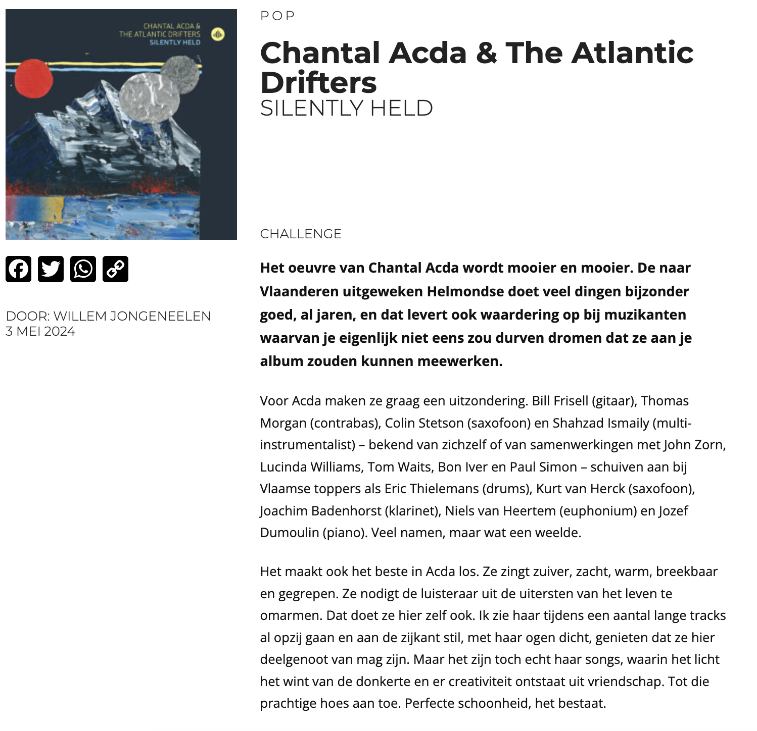 Chantal Acda & The Atlantic Drifters Silently Held album review Oor