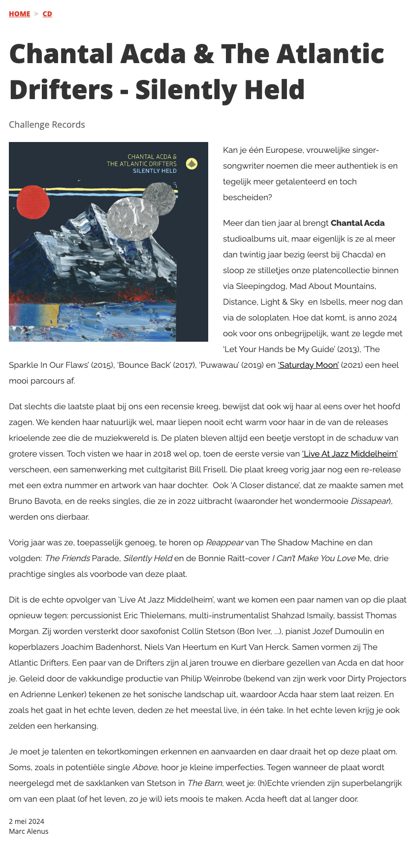 Chantal Acda & The Atlantic Drifters Silently Held album review daMusic