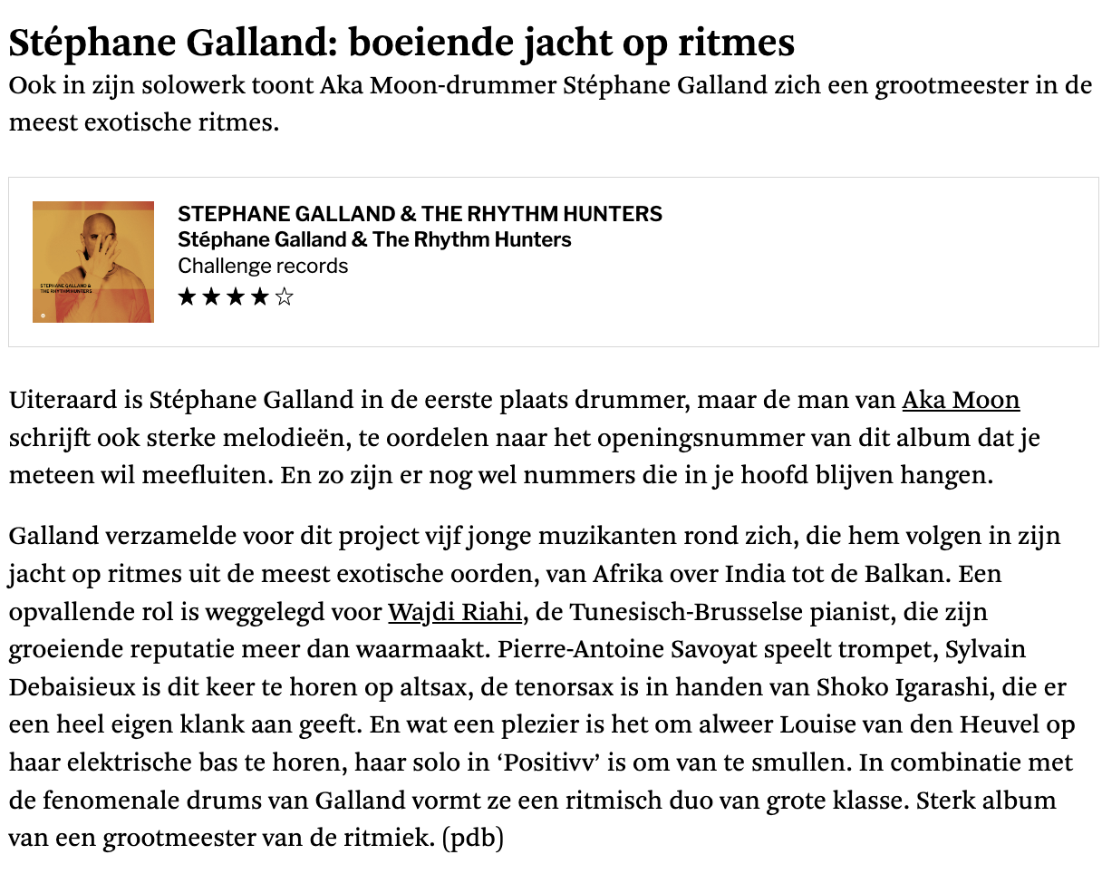 Stéphane Galland & The Rhythm Hunters album review De Standaard