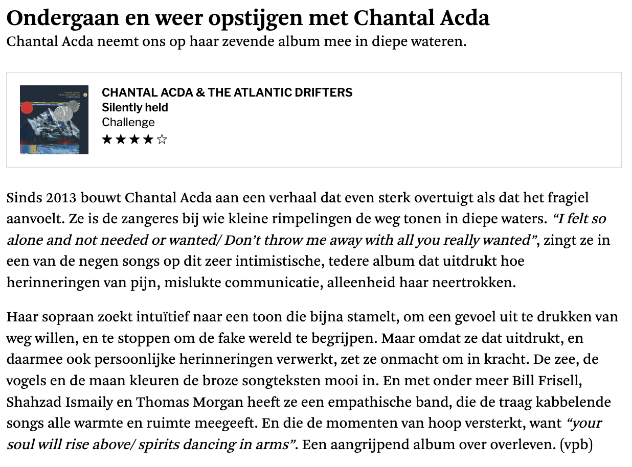 Chantal Acda & The Atlantic Drifters Silently Held album review De Standaard