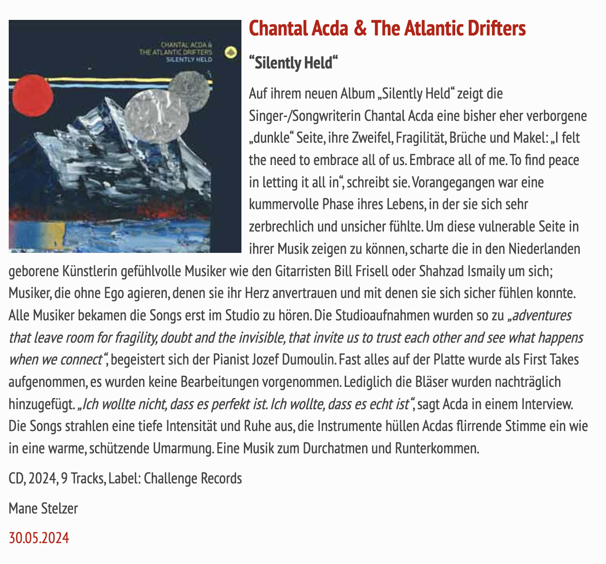 Chantal Acda & The Atlantic Drifters Silently Held album review Melodiva