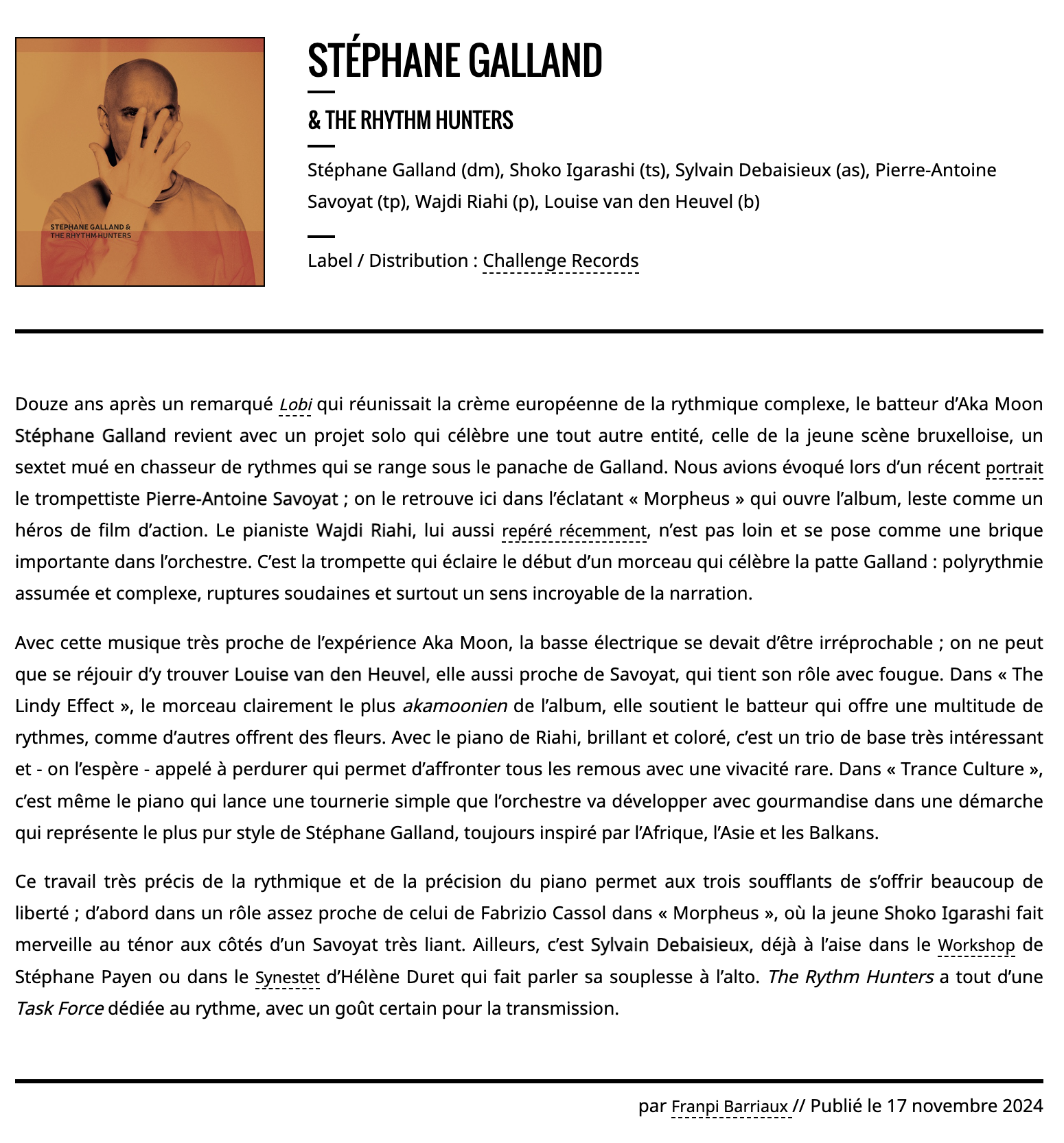 Citizen Jazz review Stéphane Galland & The Rhythm Hunters