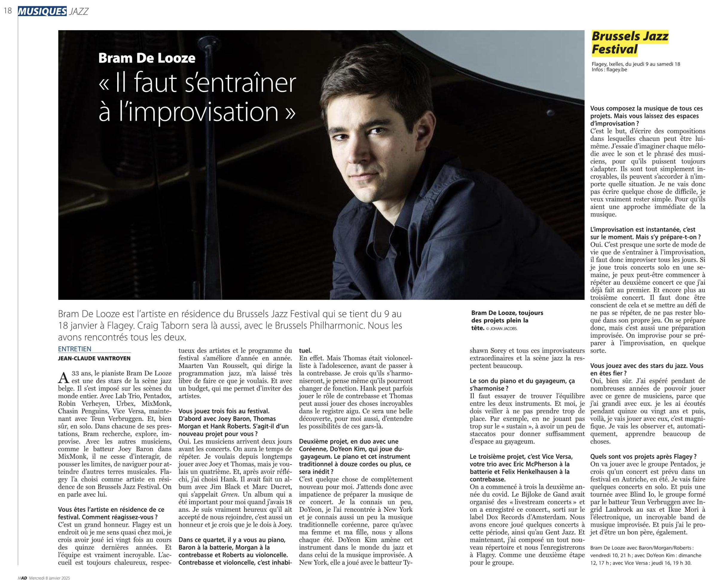 Le Soir interview Bram De Looze Brussels Jazz Festival