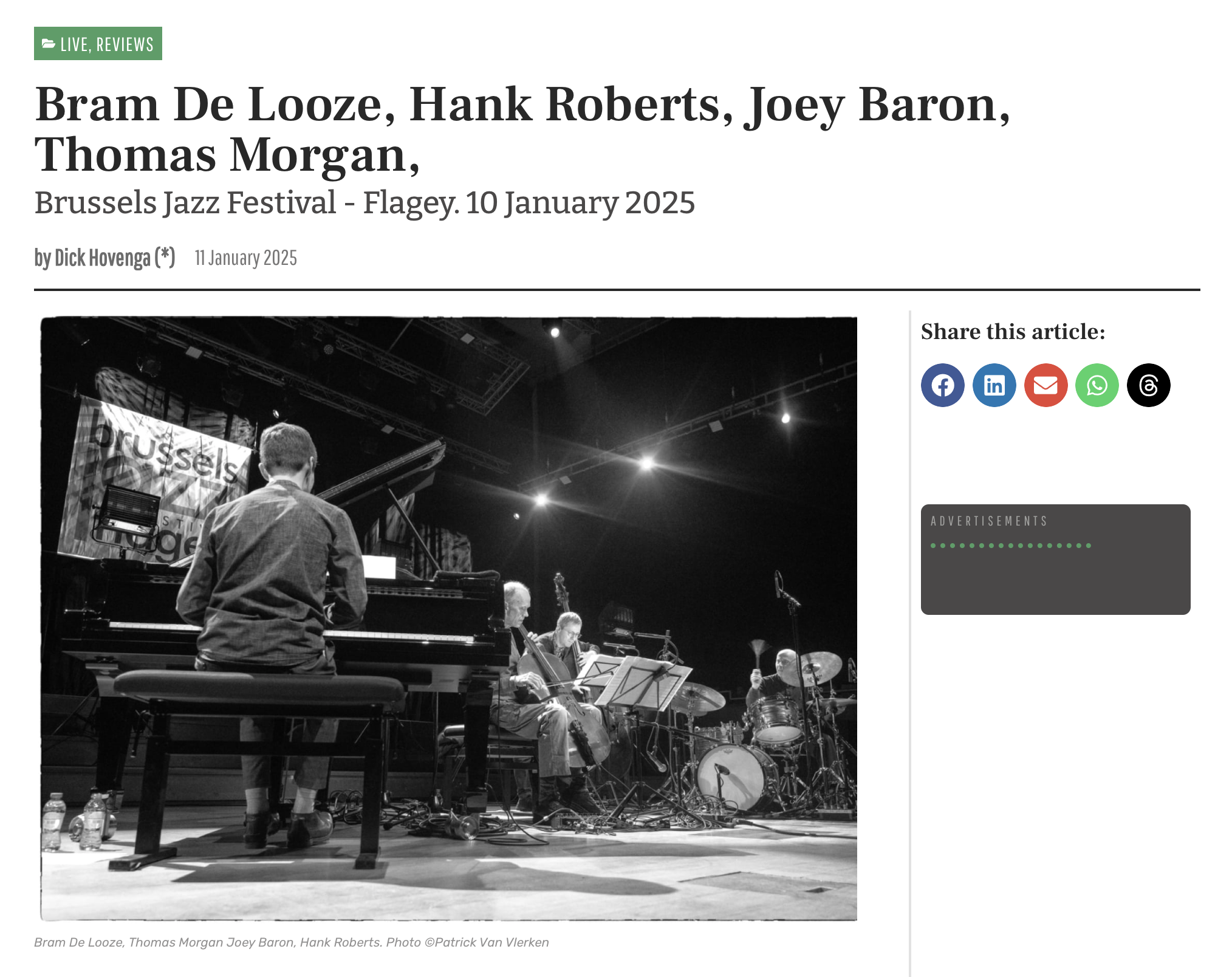 Bram De Looze Brussels Jazz Festival De Looze-Baron-Morgan-Roberts Review UK Jazz News