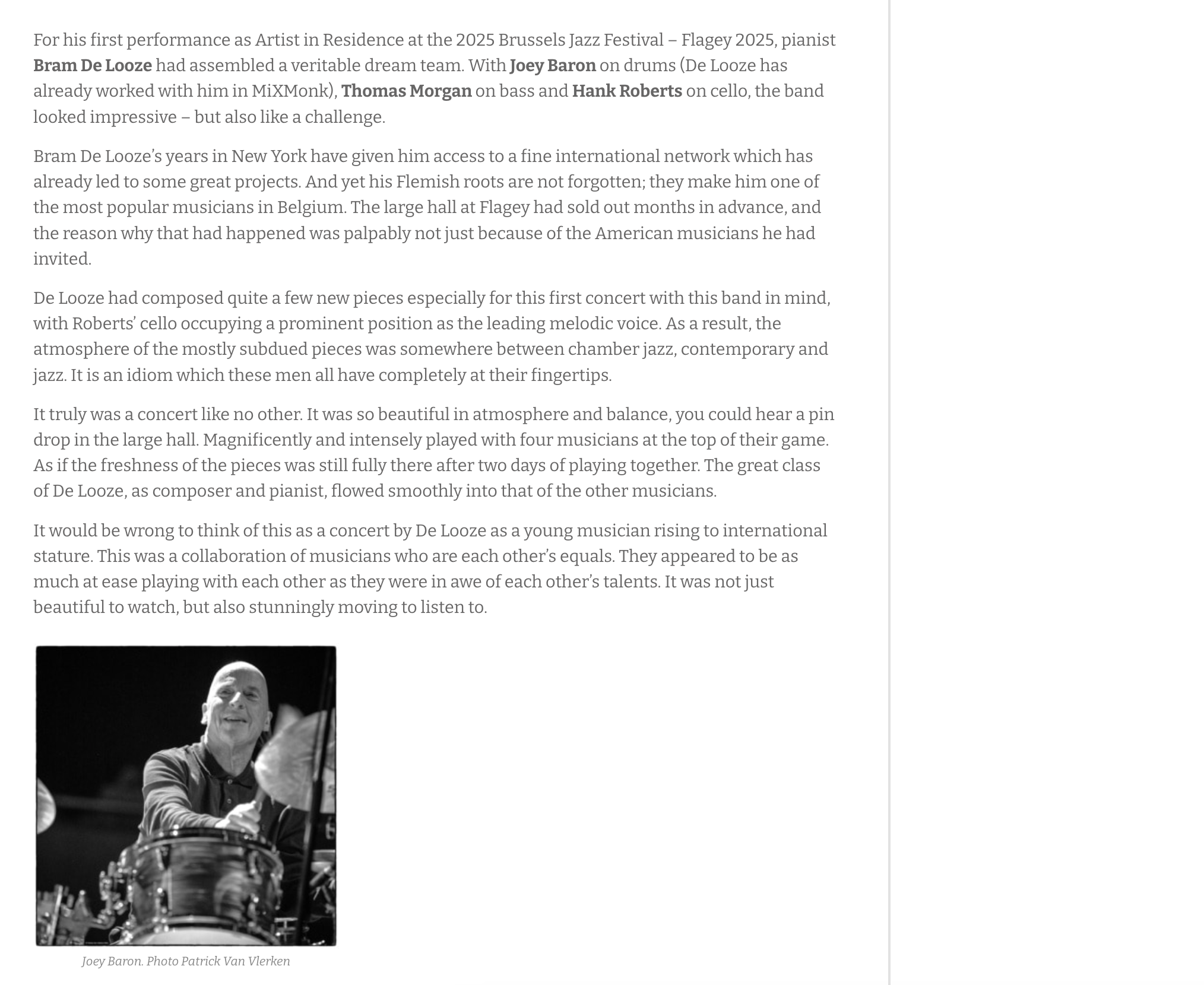 Bram De Looze Brussels Jazz Festival De Looze-Baron-Morgan-Roberts Review UK Jazz News