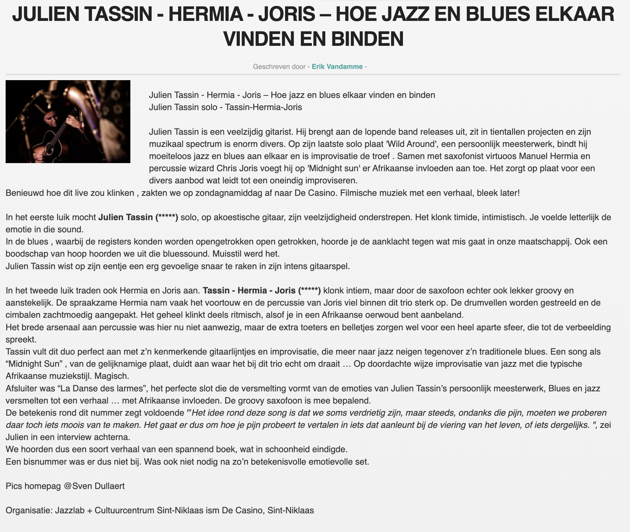 Julien Tassin Solo & Tassin - Hermia - Joris live review MusicZine