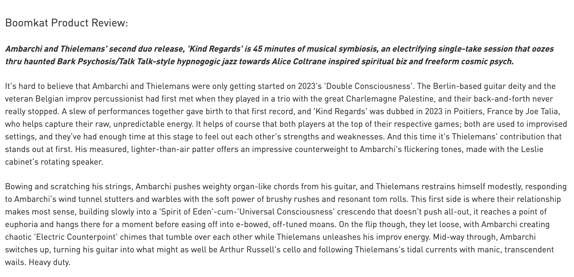 Boomkat Oren Ambarchi Eric Thielemans Kind Regards album review