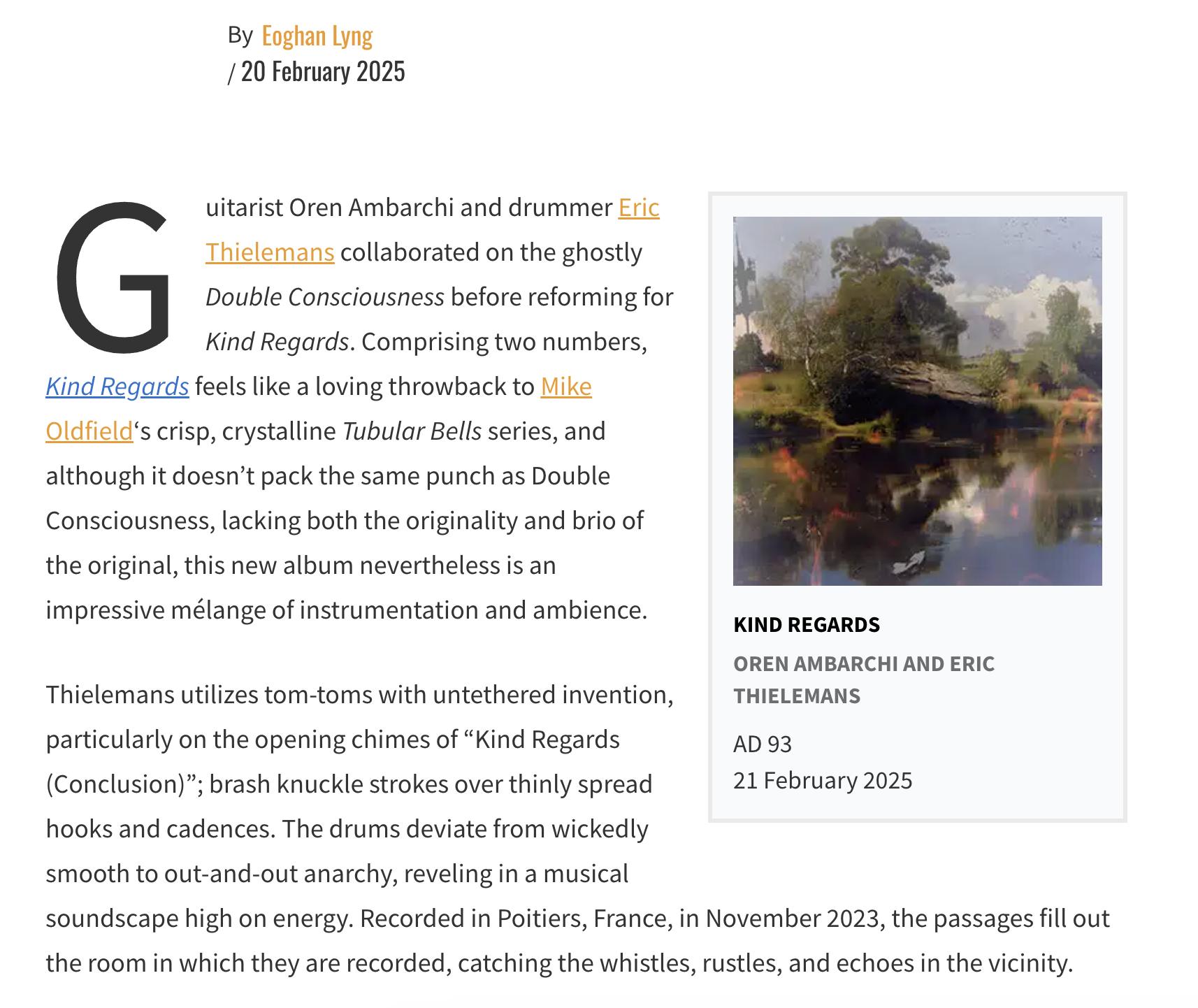 Pop Matters Oren Ambarchi Eric Thielemans Kind Regards album review