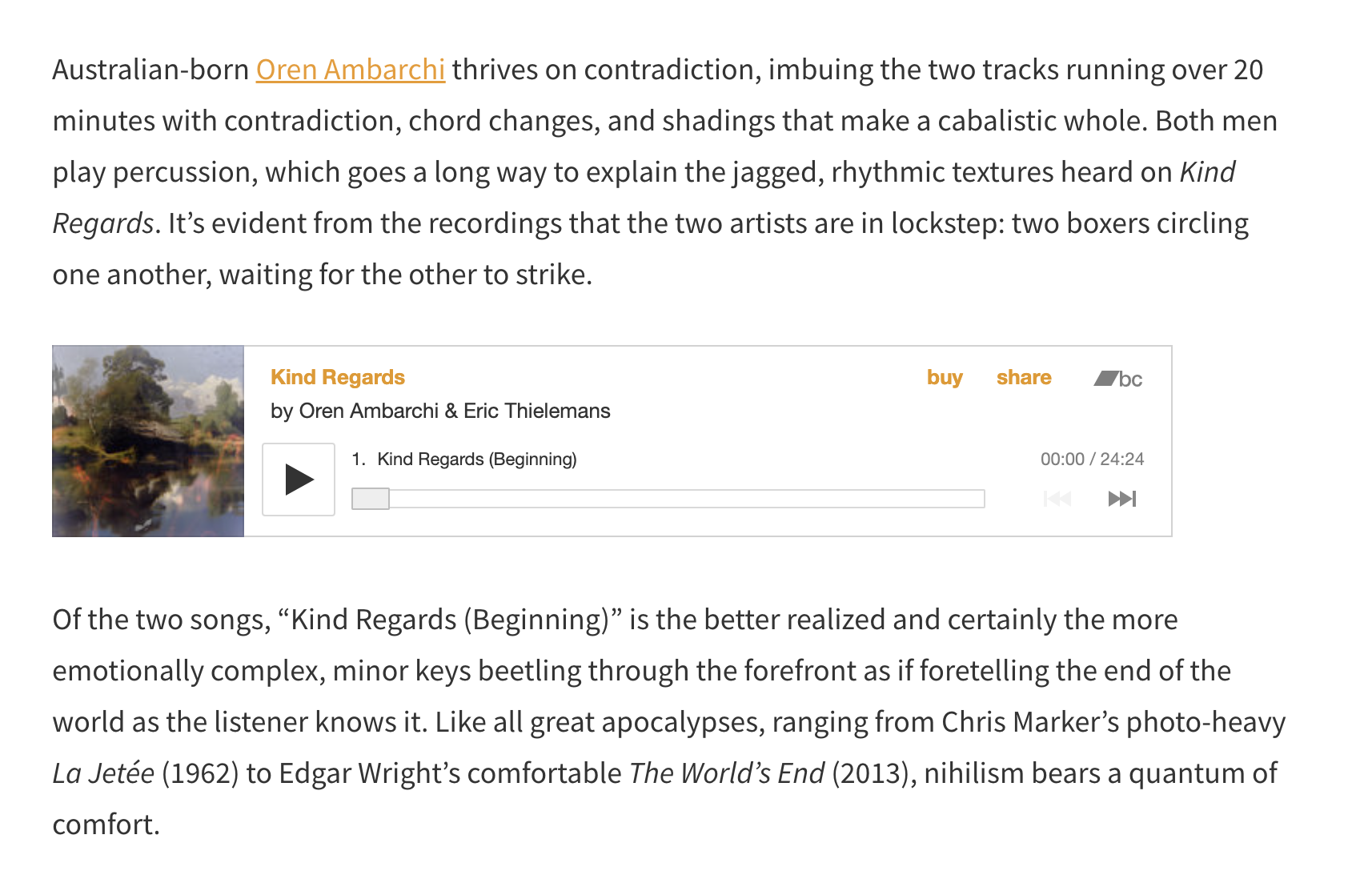 Pop Matters Oren Ambarchi Eric Thielemans Kind Regards album review