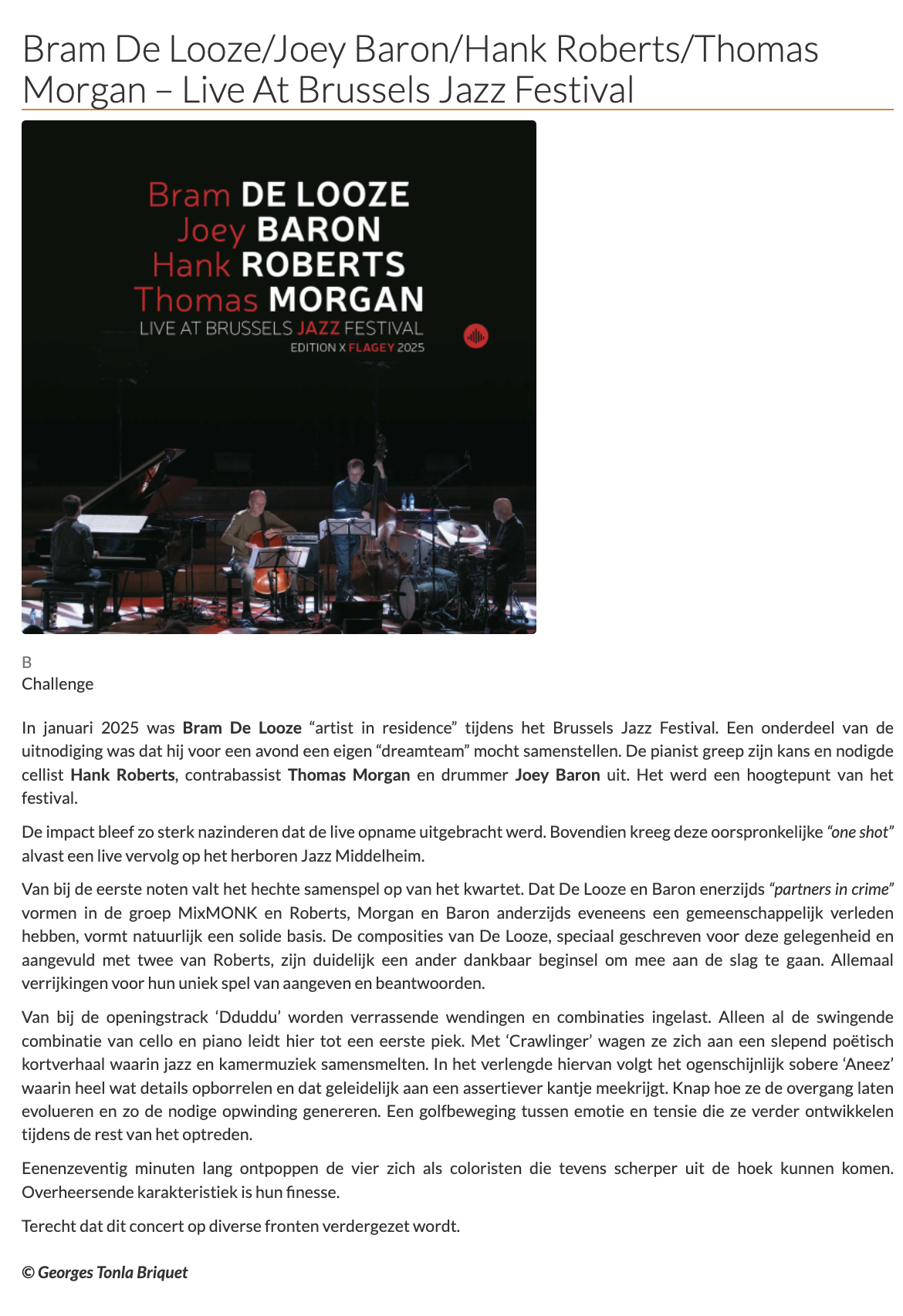 De Looze - Baron - Morgan - Roberts album review Jazz'halo