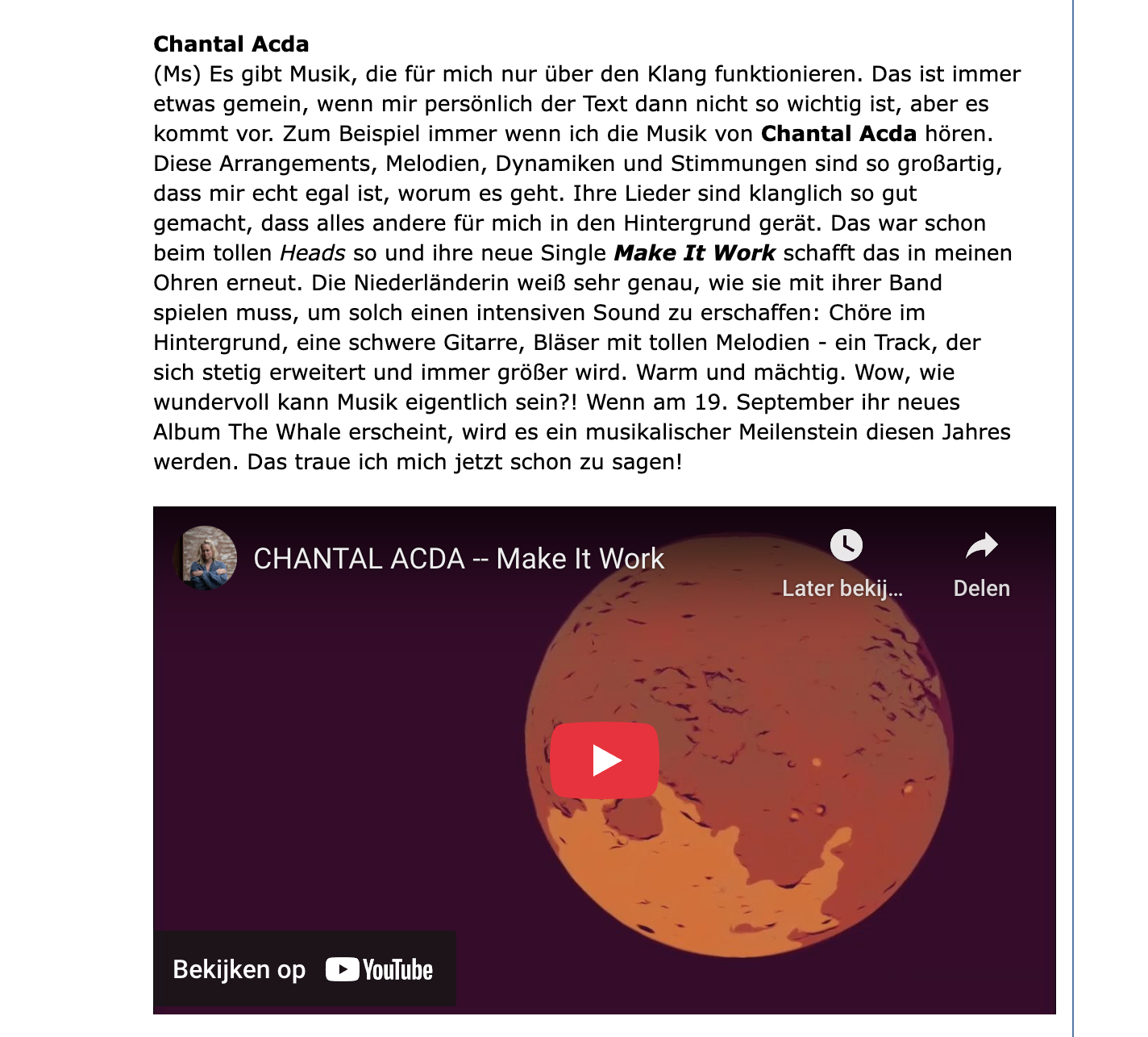 Luserlounge single review Chantal Acda - The Whale - Make It Work