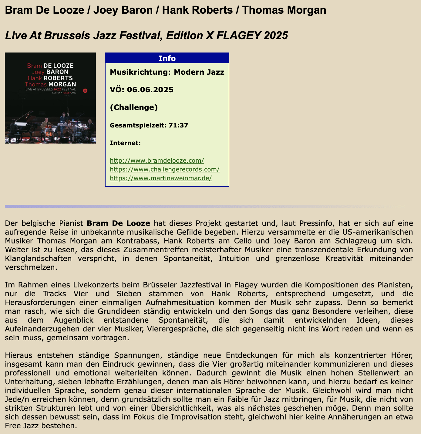 De Looze - Baron - Morgan - Roberts album review Musik An Sich
