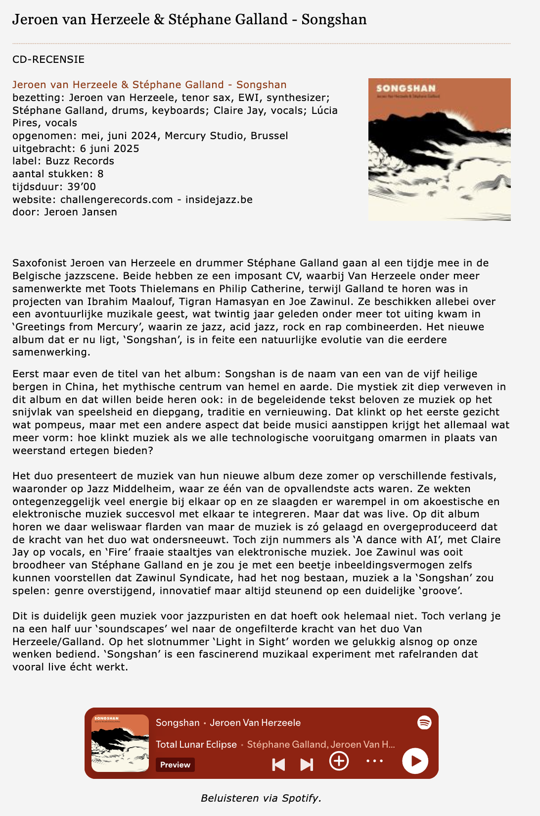 Jeroen Van Herzeele & Stéphane Galland album review Songshan Jazzenzo