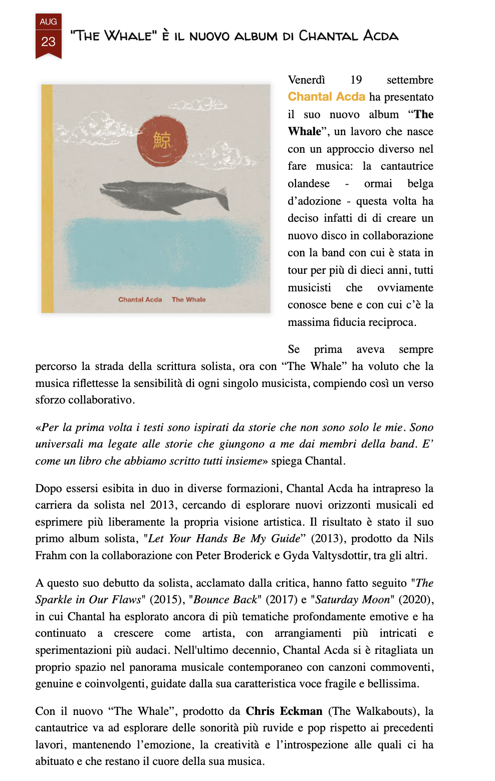 Chantal Acda The Whale Hit the Verge La musica che gira intorno 
