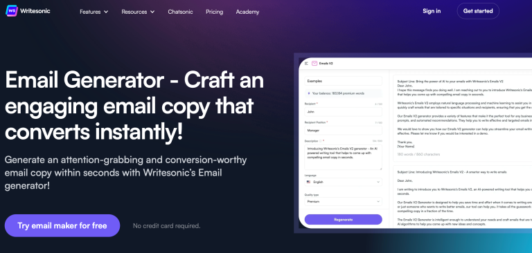 Writesonic website - ai email writer