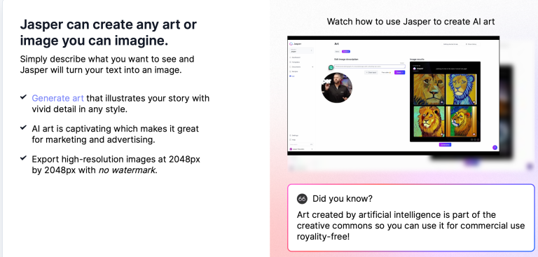 jasper.ai website - ai art generator