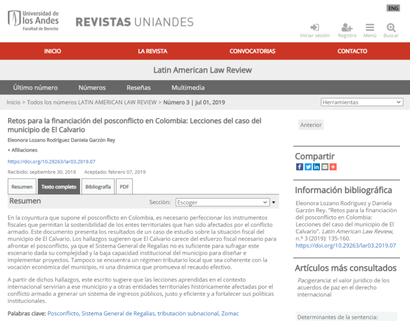 Latin American Law Review Eleonora Lozano, Daniela Garzón, proyecto financiación del posconflicto en Colombia