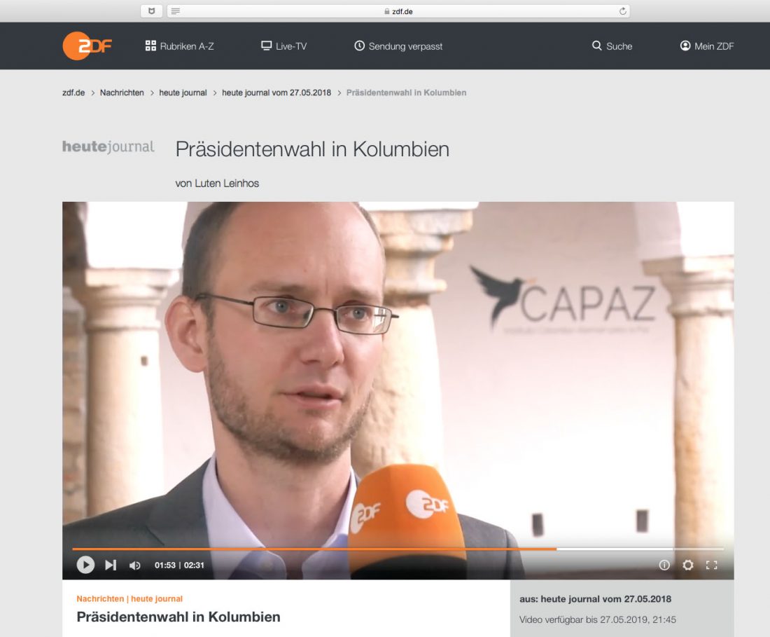 EL Director de CAPAZ fue entrevistado por la cadena alemana ZDF sobre las elecciones presidenciales en Colombia de 2018.