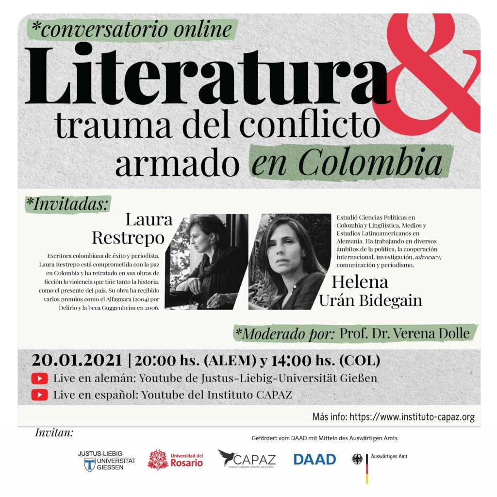 Flyer promocional conversatorio online Laura Restrepo y Helena Urán Bidegain