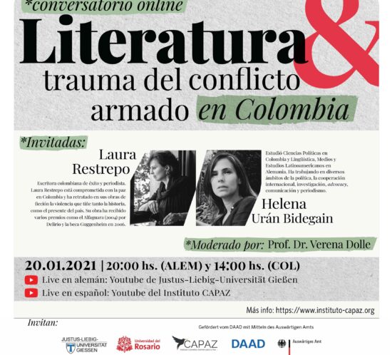 Flyer promocional conversatorio online Laura Restrepo y Helena Urán Bidegain